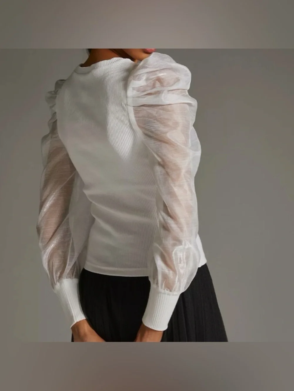 Anthropologie Dolan Puff Sleeve Ribbed Top White Organza NWOT Small